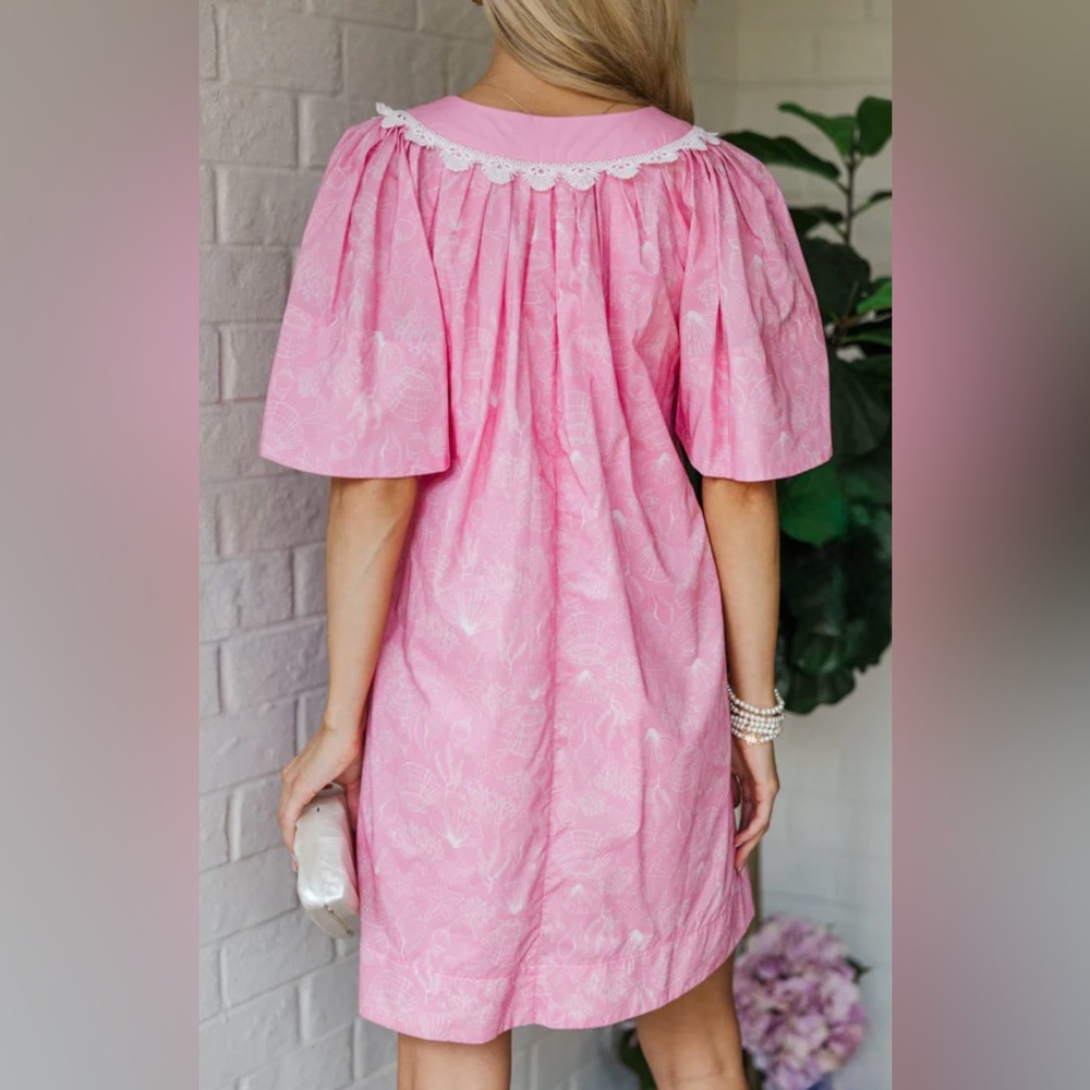 Mint Julep Boutique Pink White Ditzy Lacy Floral Cotton Dress Pockets Large NWT - Picture 6 of 10